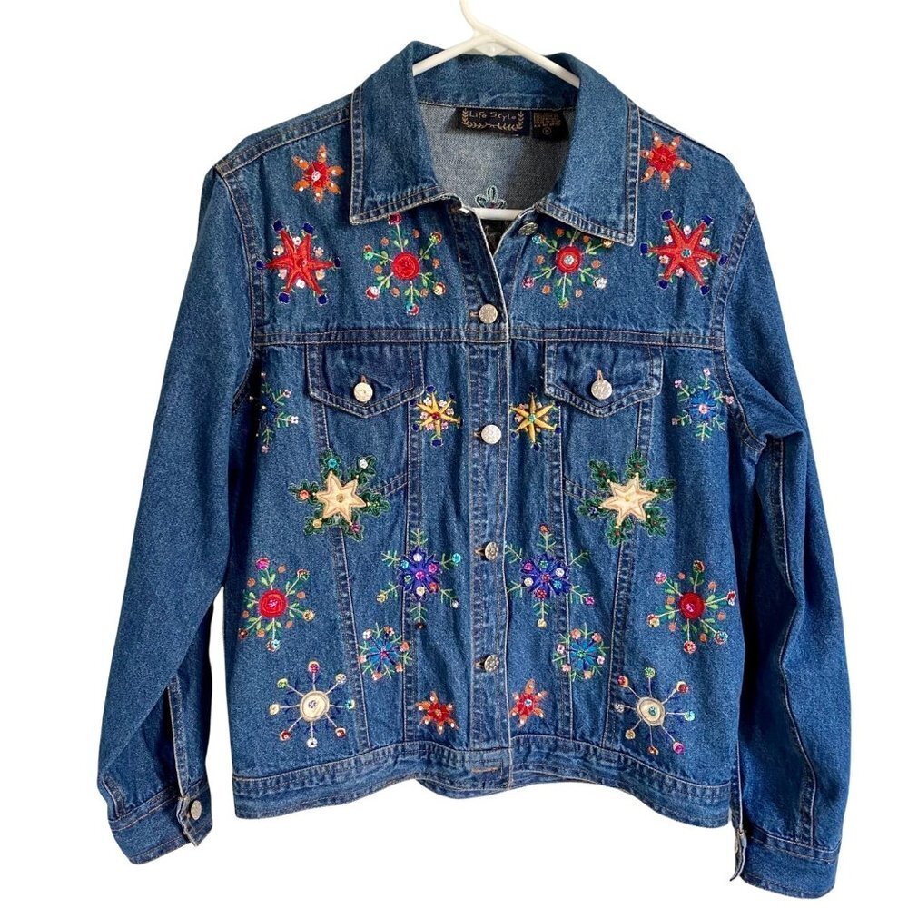 Life Style Denim Jean Jacket Embroidered and Decorated Size Medium